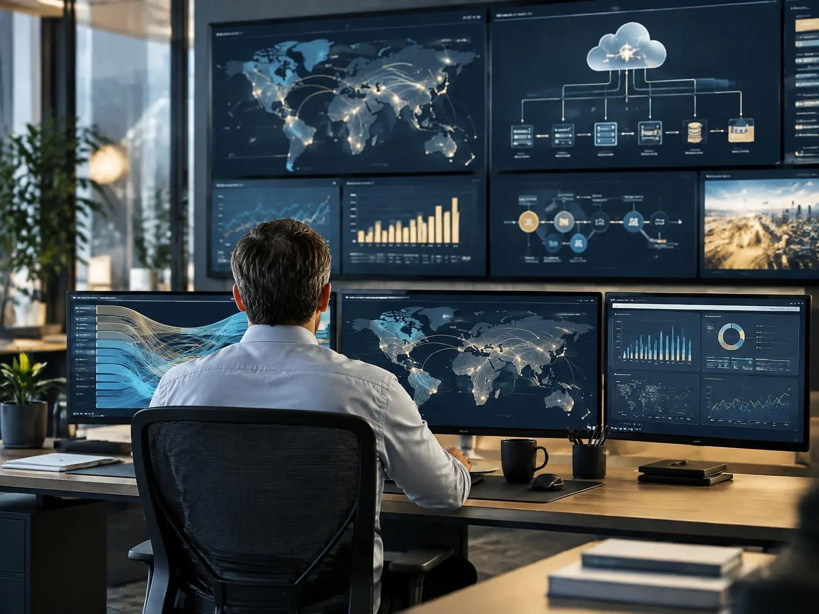 Enterprise operations workspace showing connected cloud and data systems
